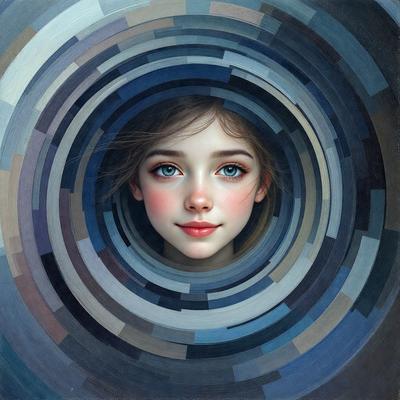 The primary subject of the image is a young girl with pink cheeks and lips, who is smiling. She is the main focus of the image. The setting is a circle, which serves as the background. The visual style is a painting, with the girl's face being the main subject. The colors are predominantly pink, which gives the image a warm and cheerful atmosphere.